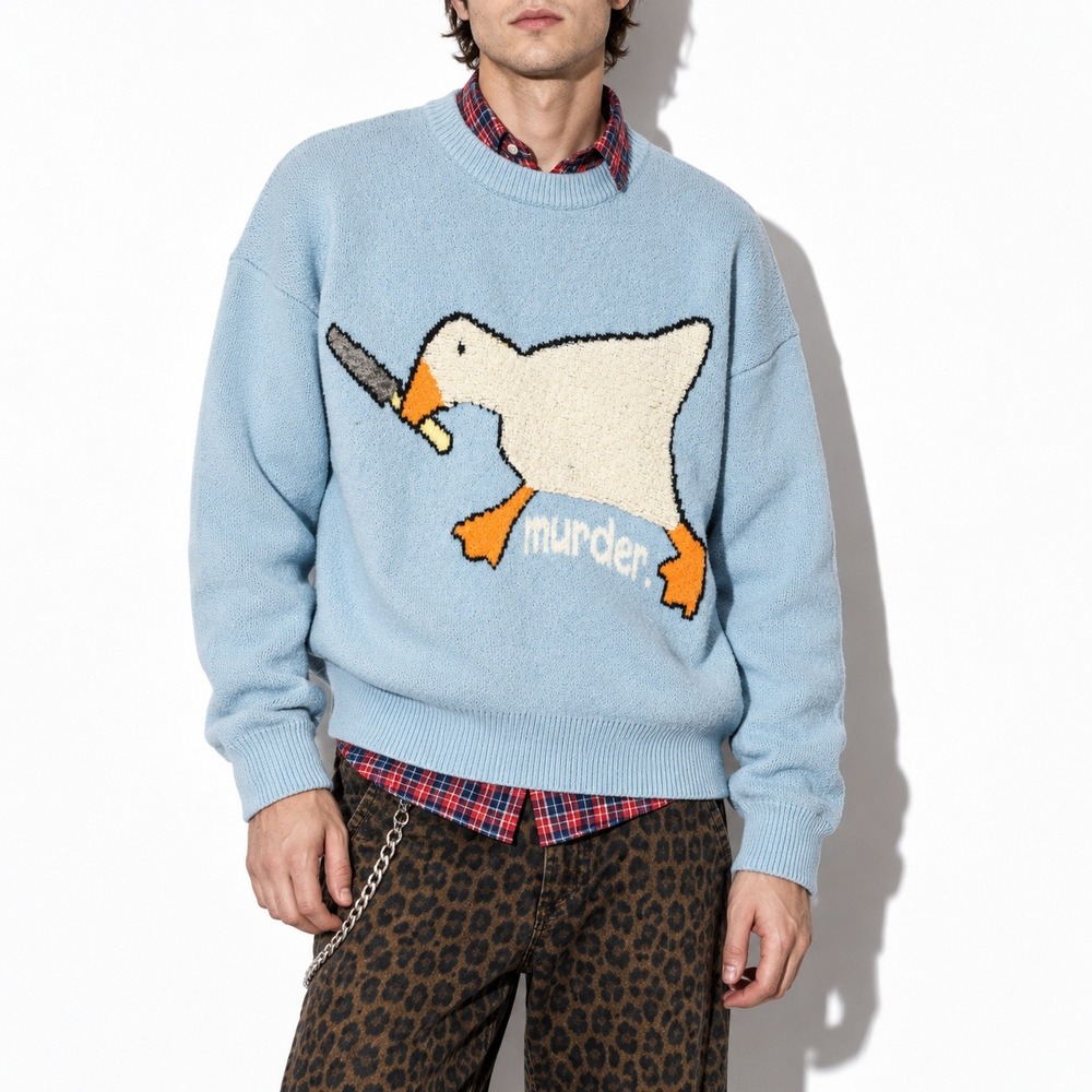 Aelfric Eden Sweater Mens M Blue Goose Knife Murder Graphic Crewneck Streetwear
